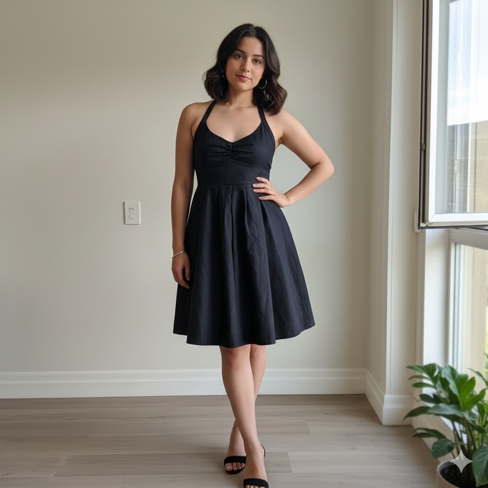 VTG J.Crew 100%Cotton Halter Strapless Top Full Skirt Knee Length Dress Black